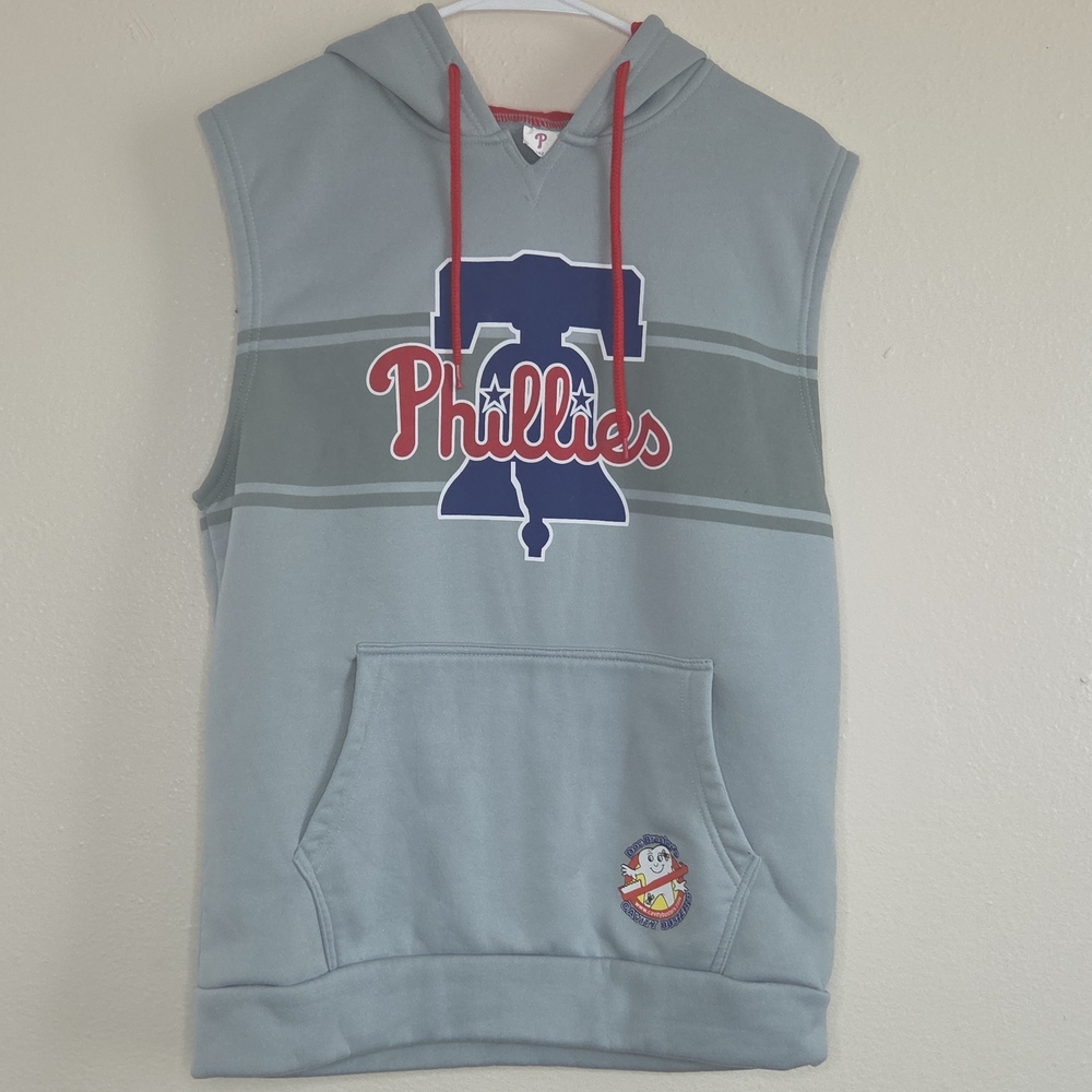 Sleeveless Phillies Hooded Pullover - Light Gray with Red Trim